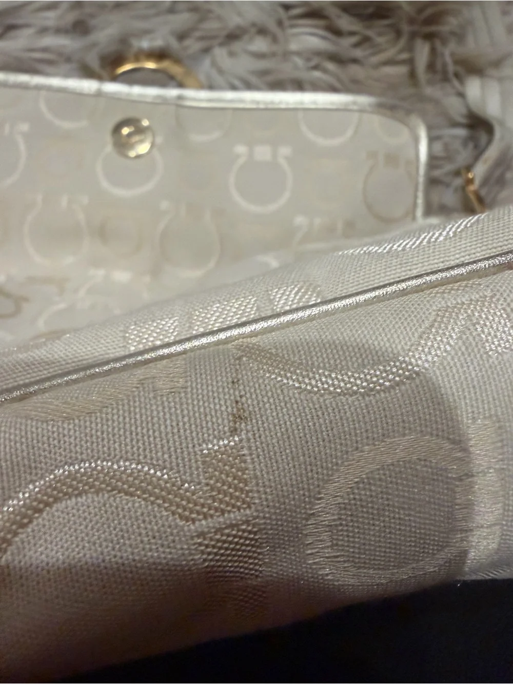 Salvatore Ferragamo Cream Gancini Jacquard Shoulder Bag with Gold Hardware